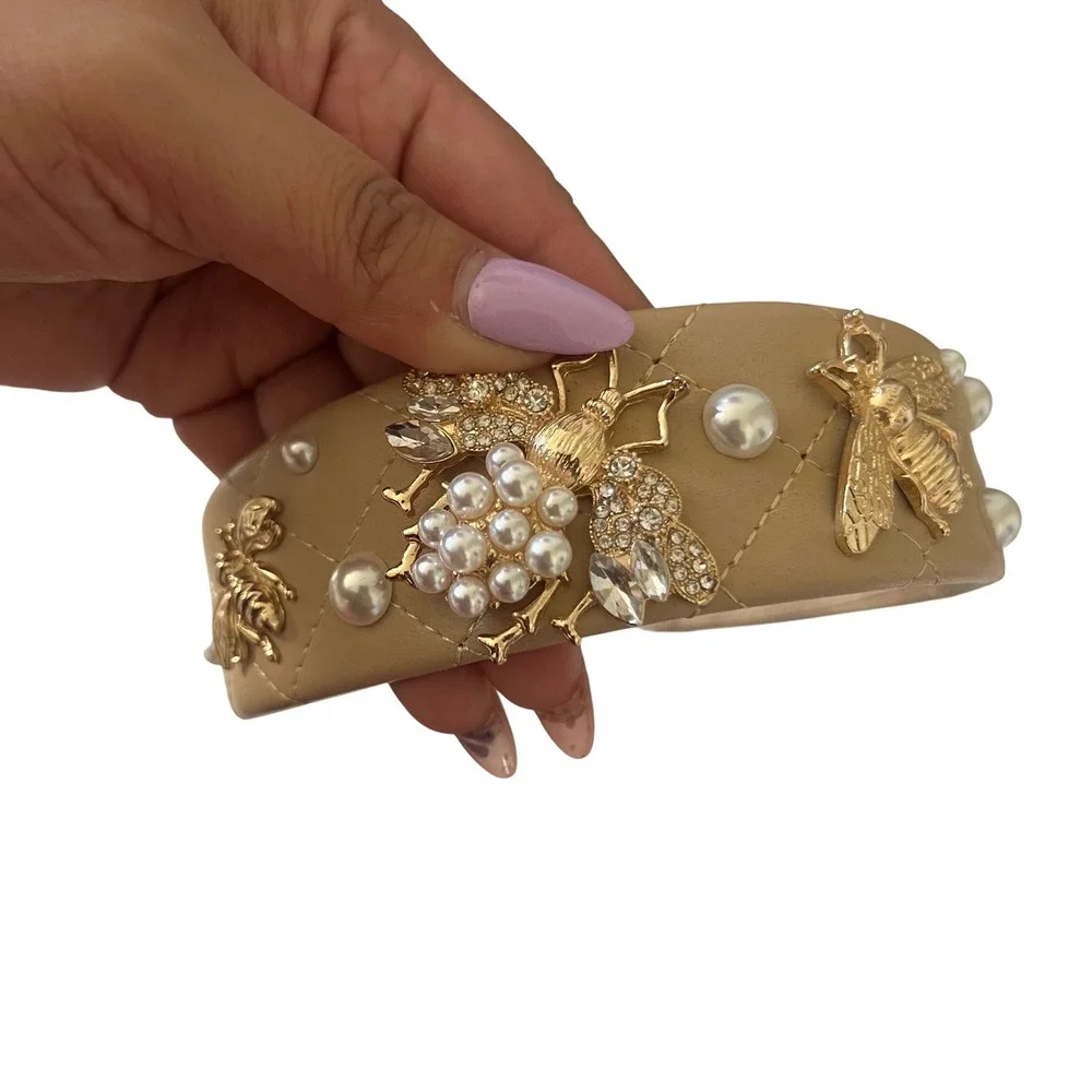 Women's Quilted Tan Faux Leather Headband with Gold Bee and Pearl Embellishments